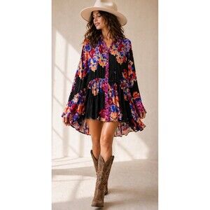 Free People Floral Boho Tunic Blouse M Flowy Oversized Viscose Top